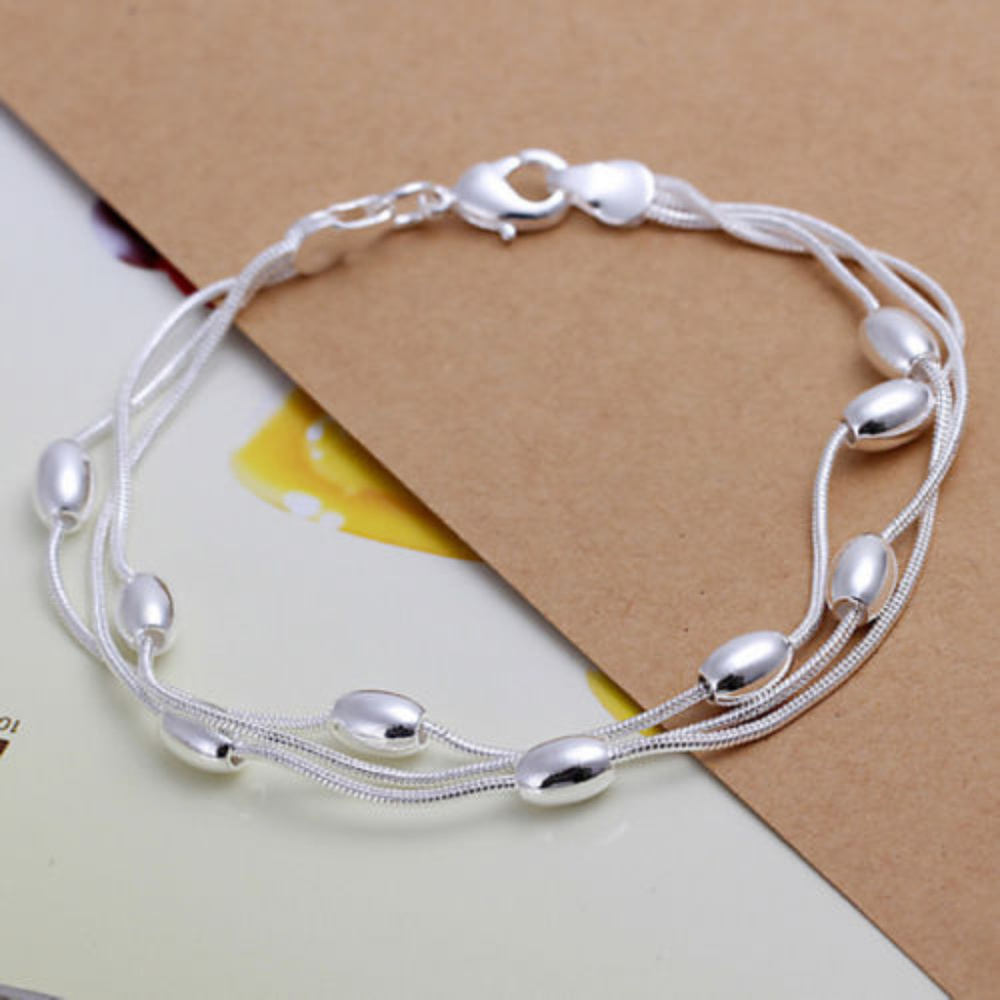 Silver Plated Bracelet 3 Strands w/ Light Beads - Picture 4 of 7